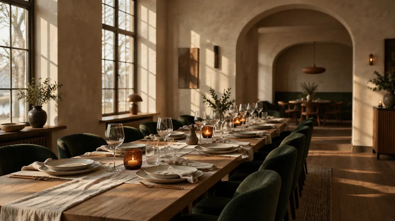 A warm Nordic dining room set for an evening together